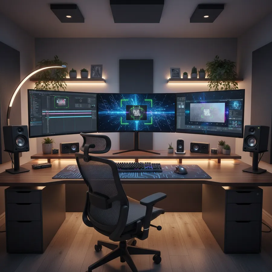 Professional video editing workspace showing AI watermark removal software in action