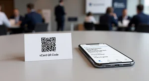 A neatly printed vCard QR code on a small card next to a smartphone showing the contact being saved, demonstrating how the scan-to-contact workflow works at networking events