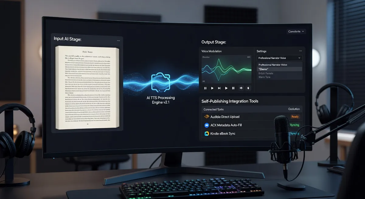AI text-to-speech audiobook creation workflow showing book text being converted to professional narration, self-publishing tools on screen