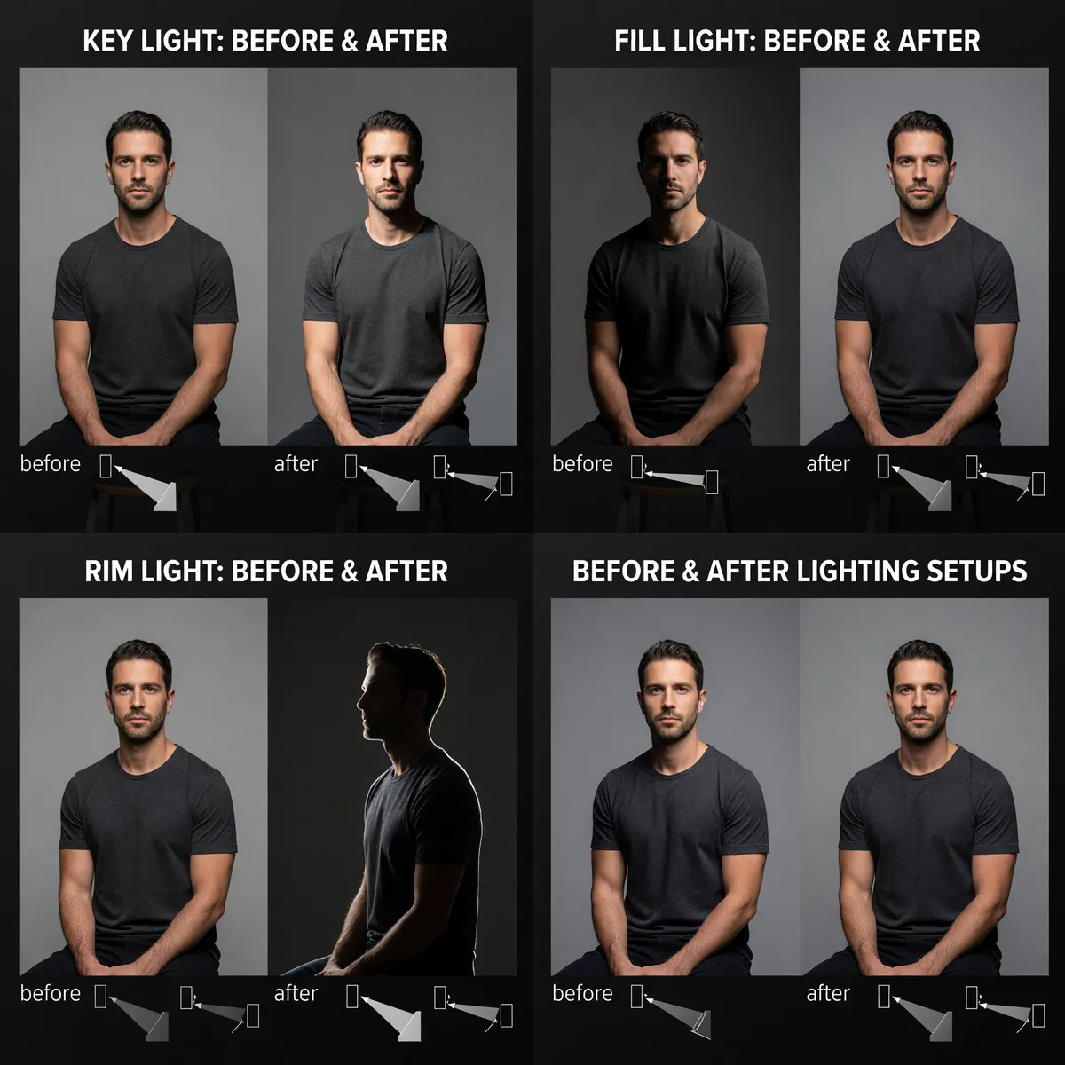 Lighting comparison grid showing different cinematography techniques and setups