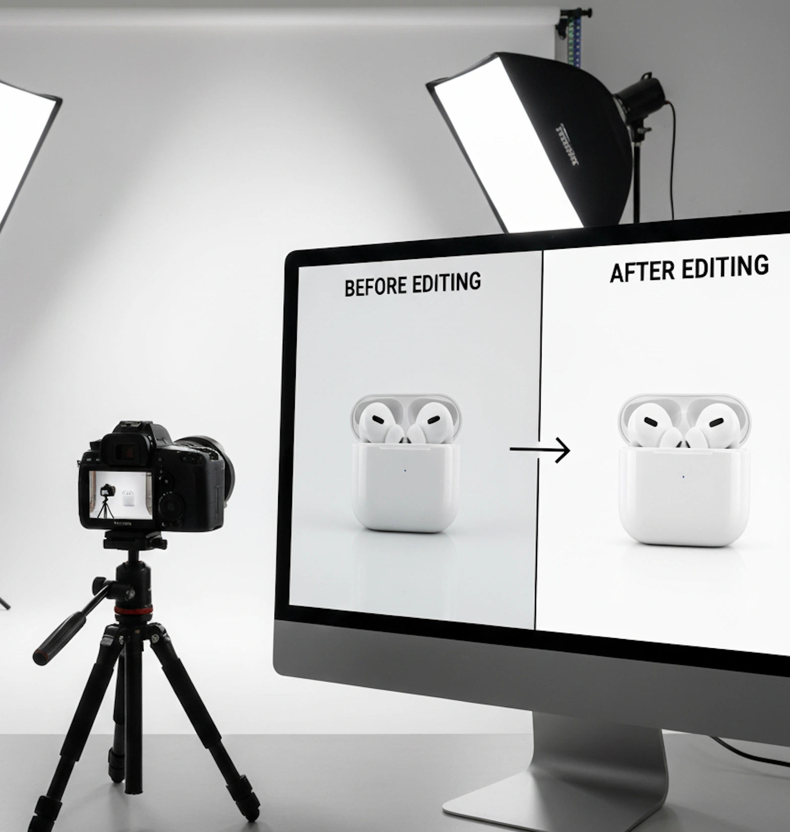 E-commerce product photography setup with professional lighting and editing software showing before and after comparison of product images