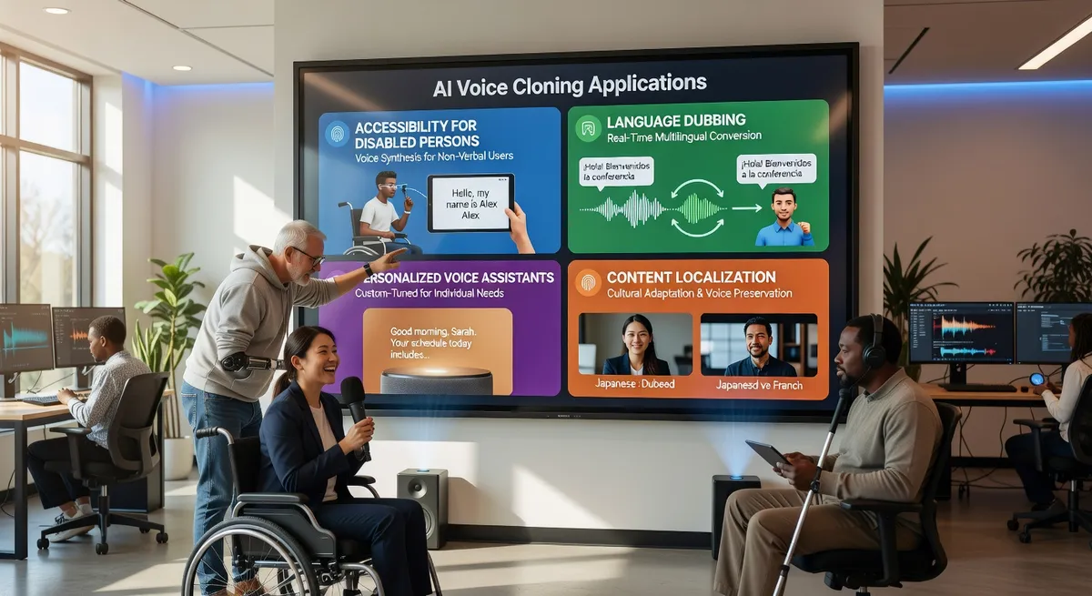 AI voice cloning applications showing accessibility for disabled persons, language dubbing, personalized voice assistants, content localization