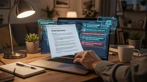 Freelancer reviewing a rental agreement on a laptop with AI flagging risky terms in a casual home office with warm lighting