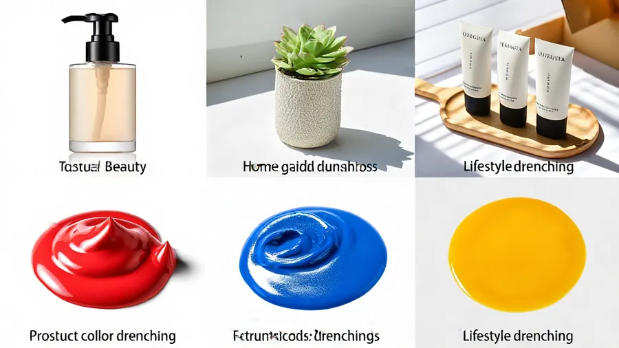 Product photography examples showing different color drenching applications across various product categories including beauty, home goods, and lifestyle items