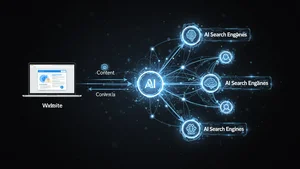 Abstract network diagram showing how content flows from a website to multiple AI search engines through glowing connections