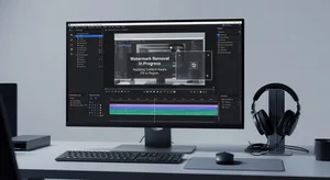 Computer screen displaying video editing software with watermark removal in progress