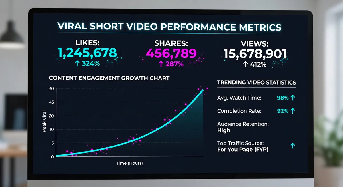 Social media analytics dashboard showing viral short video performance with rapidly growing engagement metrics views and shares