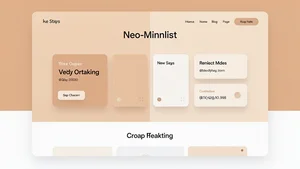 A complete web page layout demonstrating neo-minimalist principles with warm backgrounds, soft card components, clear typography, and balanced use of white space