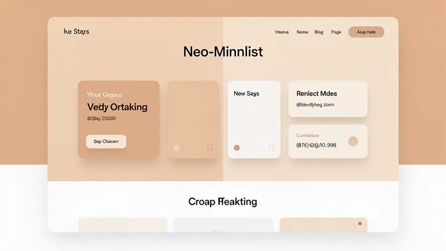 A complete web page layout demonstrating neo-minimalist principles with warm backgrounds, soft card components, clear typography, and balanced use of white space