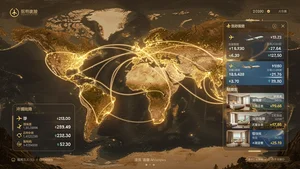 World map with glowing travel route lines and AI interface overlay showing flight prices and hotel options