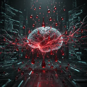 Clean data stream being contaminated by glowing red poison droplets corrupting an AI neural network