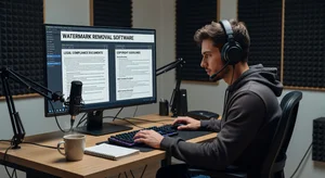 Legal documents with watermark overlays, copyright law books, and digital content creator working at a computer