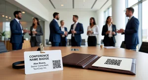 A conference name badge with a small printed vCard QR code attached, alongside a professional portfolio showing the same QR code, with business people networking in a bright modern venue in the background