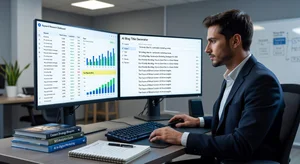 Content strategist using keyword research dashboard alongside AI blog title generator on dual monitors