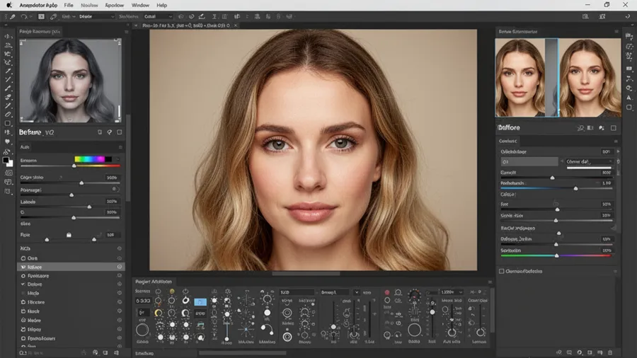 Portrait retouching workspace showing enhancement controls and before after preview