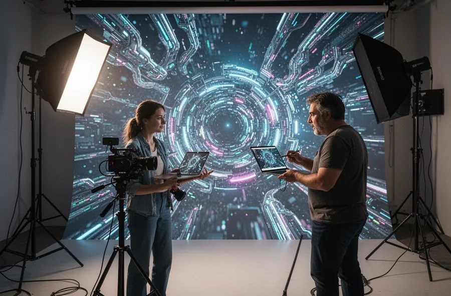 A behind the scenes portrait photography setup where AI generated backgrounds complement natural lighting, showing the collaboration between human creativity and AI assistance