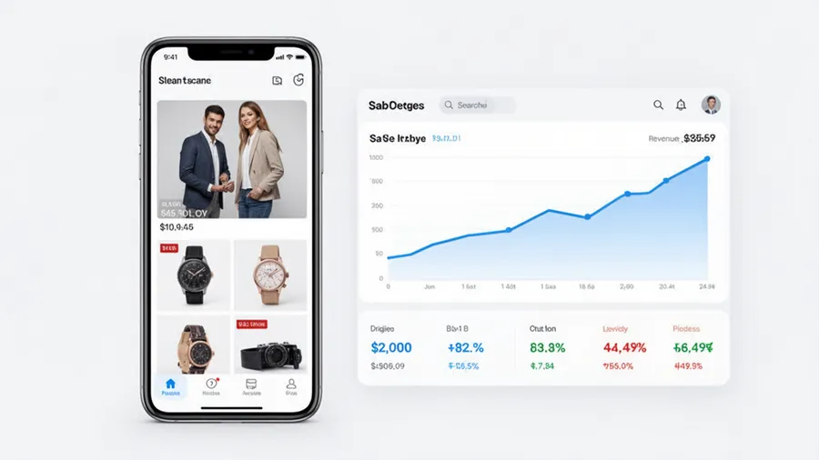 Smartphone showing ecommerce store with professional product photos and revenue growth metrics