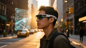 Person walking through a city street wearing smart glasses with subtle AR navigation overlay visible at golden hour