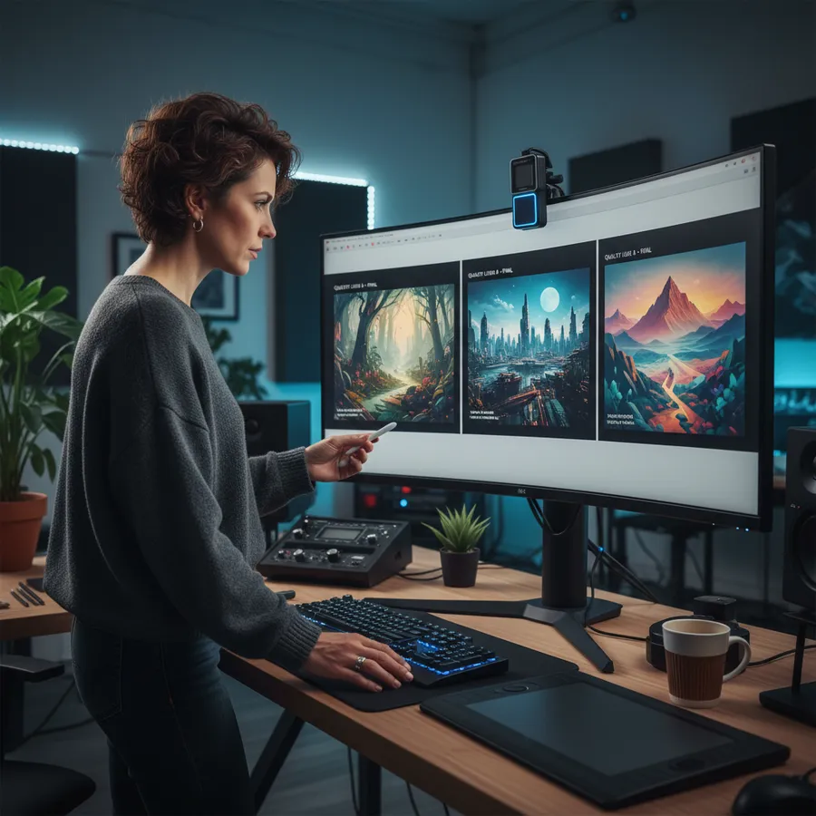 Creative professional reviewing high resolution AI generated images on a color calibrated 4K display
