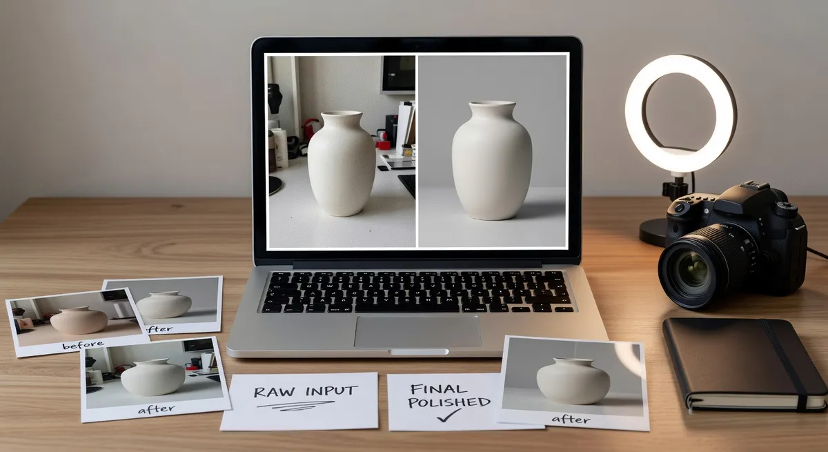 Polished professional product photos displayed on laptop screen ready for online store, transformation from raw phone photo to clean result