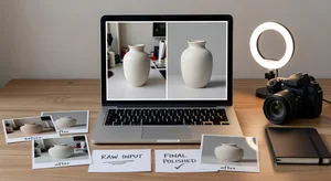 Polished professional product photos displayed on laptop screen ready for online store, transformation from raw phone photo to clean result