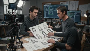Advanced visual effects workflow showing character reference database with facial features and expressions