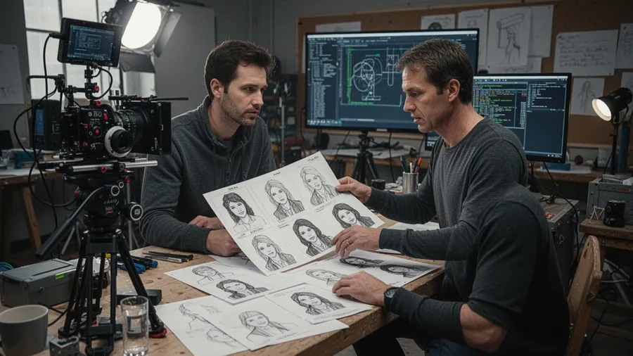 Advanced visual effects workflow showing character reference database with facial features and expressions