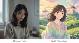 Ghibli anime style AI photo filter applied to portrait, dreamy artistic transformation showing original vs filtered result