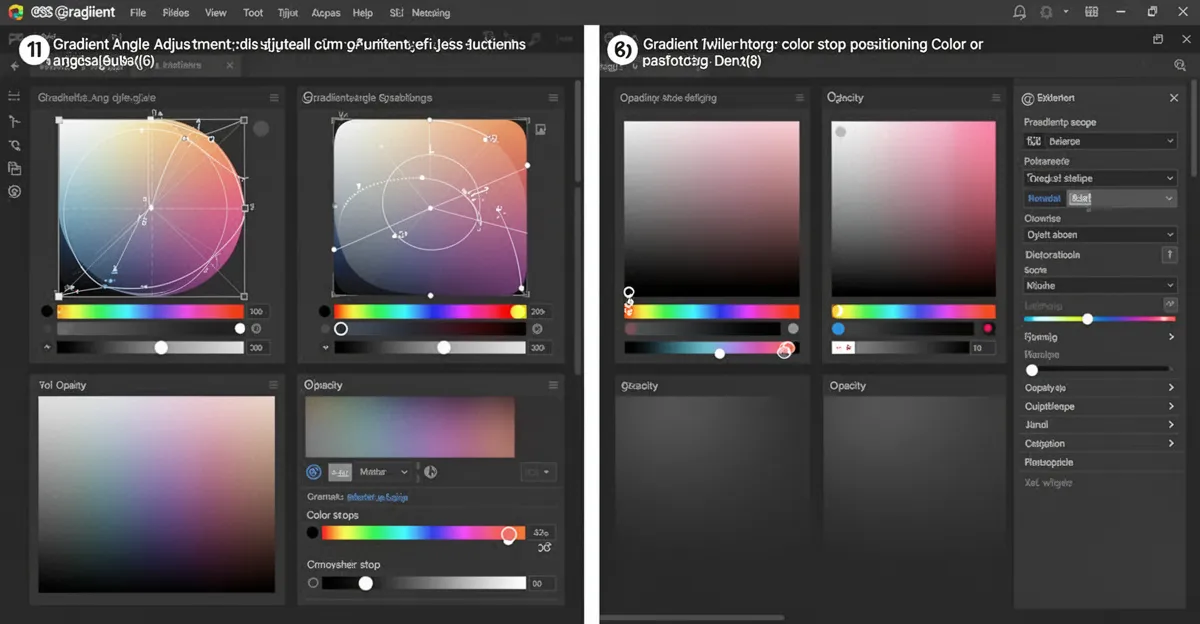 Step by step visual tutorial showing gradient angle adjustment, color stop positioning, and opacity settings to create atmospheric depth
