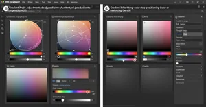 Step by step visual tutorial showing gradient angle adjustment, color stop positioning, and opacity settings to create atmospheric depth