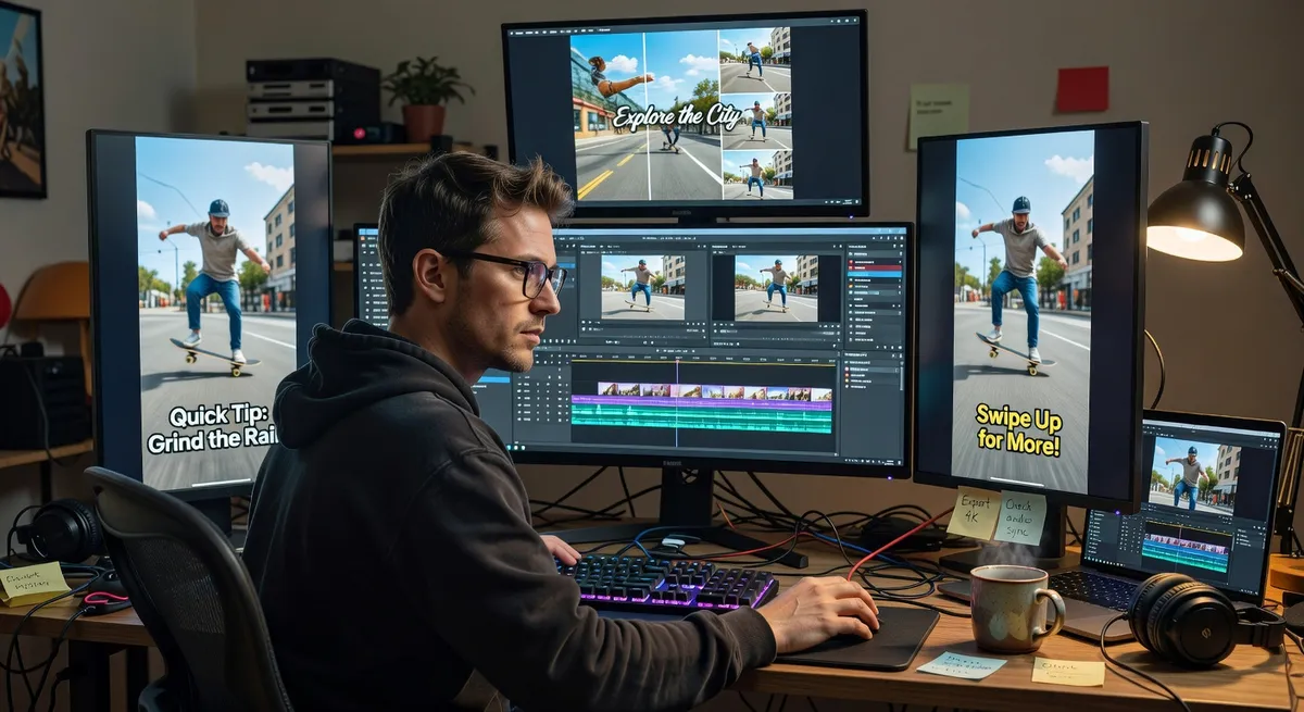 Split screen comparison showing the same video content optimized differently for TikTok, YouTube Shorts, LinkedIn, and Instagram Reels with platform specific framing and text placement