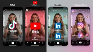 Split screen comparison showing the same video content optimized differently for TikTok, YouTube Shorts, LinkedIn, and Instagram Reels with platform specific framing and text placement