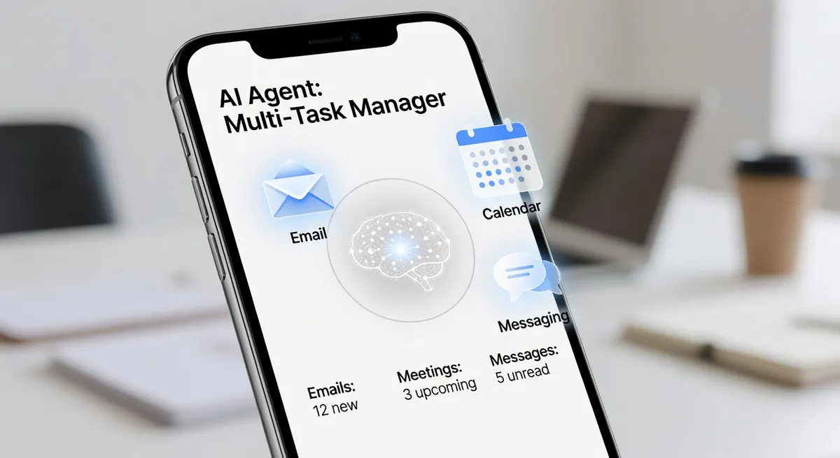 Smartphone showing AI agent managing multiple tasks simultaneously including email calendar and messaging with clean minimal UI