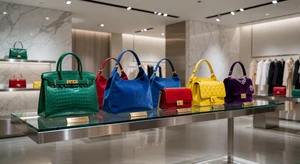 Variety of designer handbags displayed on modern display shelf
