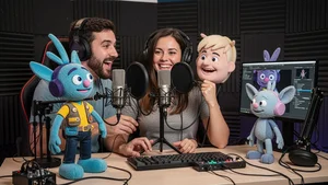 Content creator recording character voices with microphone in voice acting setup