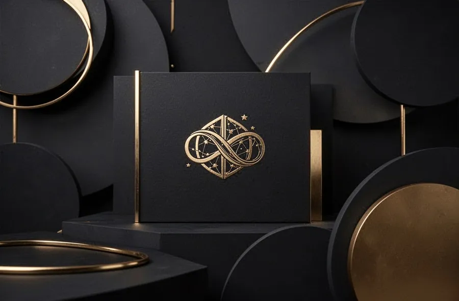 A sophisticated dark aesthetic with gold accents and abstract shapes, representing how AI generated images can help designers explore brand concepts iteratively