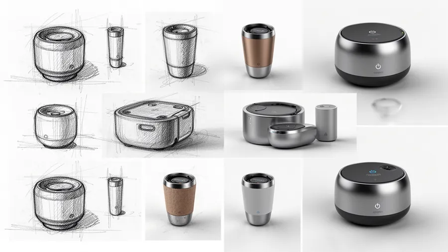 Multiple design sketches being transformed into photorealistic product renders