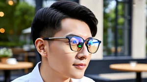 A person wearing stylish smart glasses with subtle AR elements visible on transparent lens in a modern outdoor cafe setting with natural light