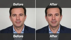 Before and after split screen showing video with watermark removed using AI