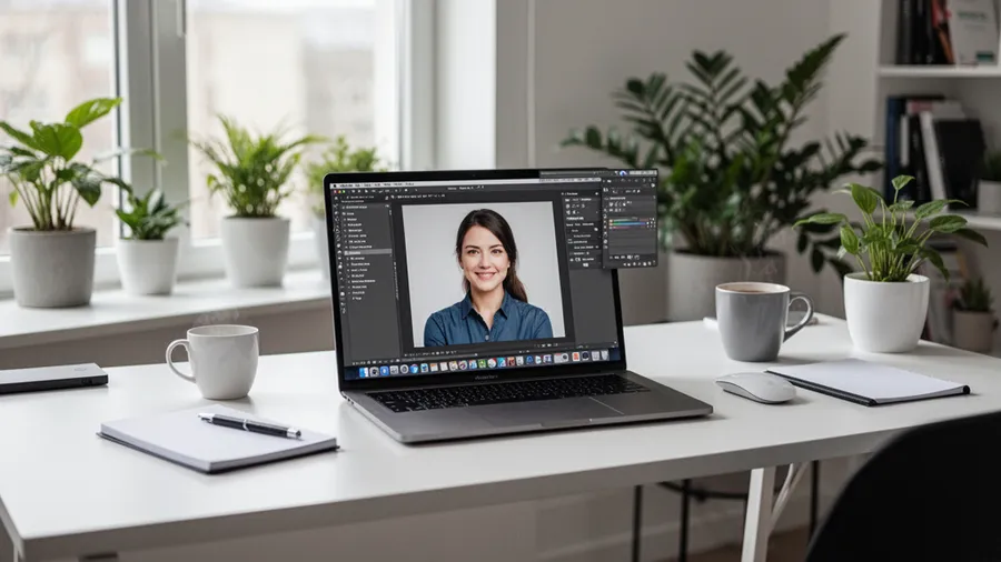 Modern home office workspace with laptop showing professional editing interface