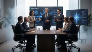 Enterprise team discussing AI implementation strategy in boardroom