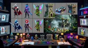 Game development workspace showing grid of 3D asset models created from photos