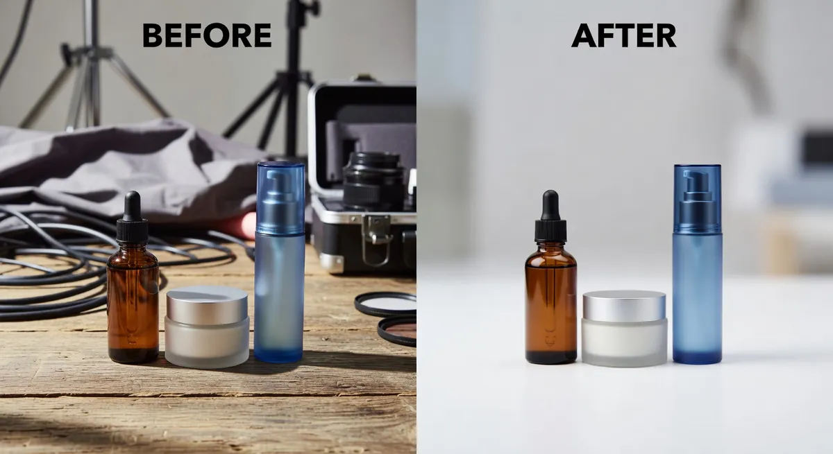 Before and after comparison of product photo showing messy sharp background transformed to clean soft blur, professional product photography result
