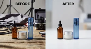 Before and after comparison of product photo showing messy sharp background transformed to clean soft blur, professional product photography result