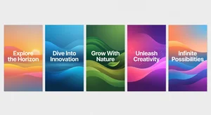 A side-by-side comparison showing five different website hero sections with various animated gradient styles including warm sunset tones, ocean blues, forest greens, and vibrant digital purple-pink combinations