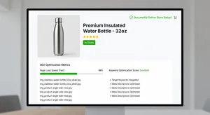Product page on screen showing optimized images with proper alt text filenames and excellent load speed scores, e-commerce SEO setup