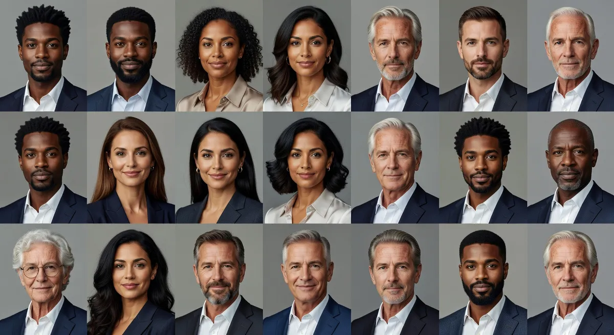 Collection of professional headshots showing range of skin tones and ages, all with natural retouching