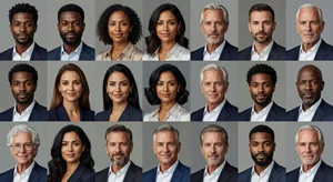 Collection of professional headshots showing range of skin tones and ages, all with natural retouching