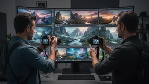 Professional photographer reviewing stunning 4K AI-generated images on high-resolution display