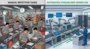 Before and after comparison showing manual repetitive tasks transforming into an automated streamlined workflow